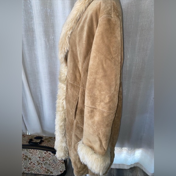 Vintage 90s Y2K Wilsons Leather Tan Faux Fur Trim Long Penny Lane Coat Size XL - Picture 13 of 14